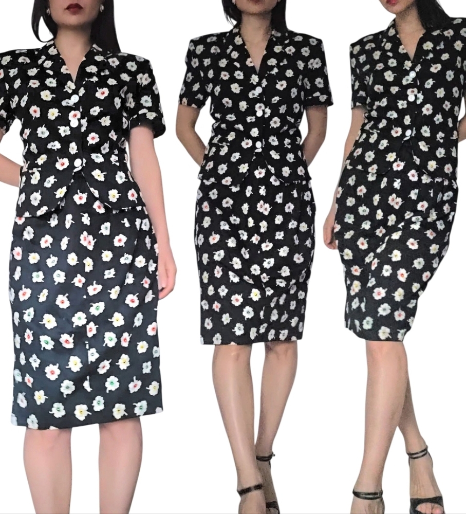 Vintage Genny Black Floral Cotton Pencil Skirt & Top Set Size 10